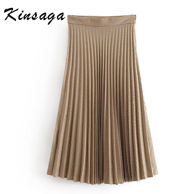 Kinsaga, Женская плиссированная клетчатая юбка средней длины, винтажная, с боковой молнией, элегантная, офисная, женская, шикарные юбки до середины икры, Faldas Mujer