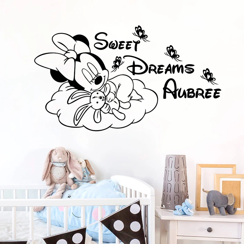 Cartoon Disney Minnie Mouse Sweet Dreams Vinyl Wall Sticker For Kids Room Decoration Nursery Baby Home Decor Mural Art Wallpaper