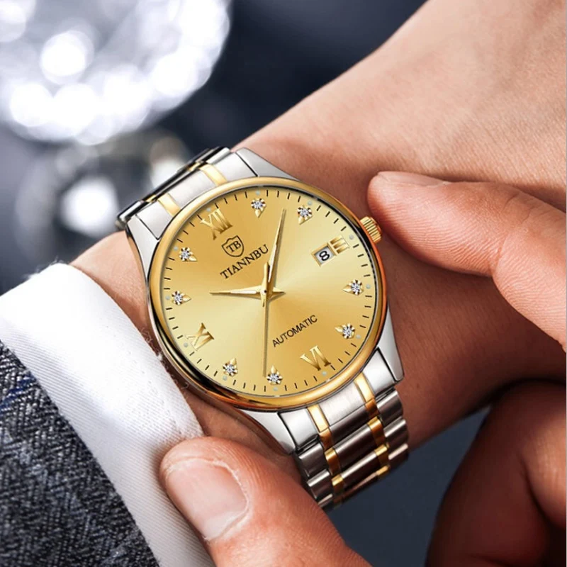 Men's Waterproof Tourbillon Steel Belt Automatic Mechanical Watch With Diamond Face Luminous Calendar Leisure Mechanical Table
