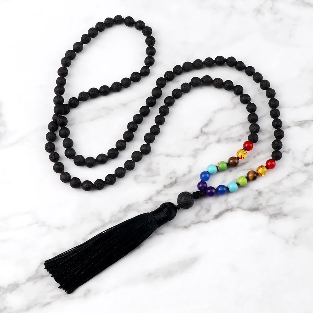 108 Mala 7 Chakra Beads Necklace Reiki 6mm Natural Stone Onyx Agates Knotted Tassel Necklaces Yoga Blessing Meditation Jewelry