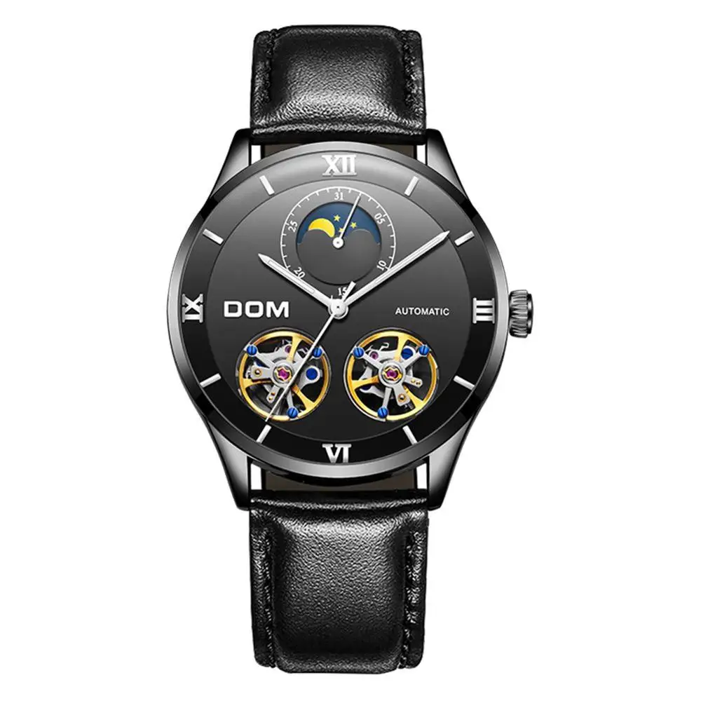 Бренд DOM, мужские часы, Moon phase, коричневые, натуральная кожа, Мужские автоматические наручные часы, Топ бренд, роскошные спортивные мужские часы, M-1270GL-5M - Цвет: M-1270BL-1M