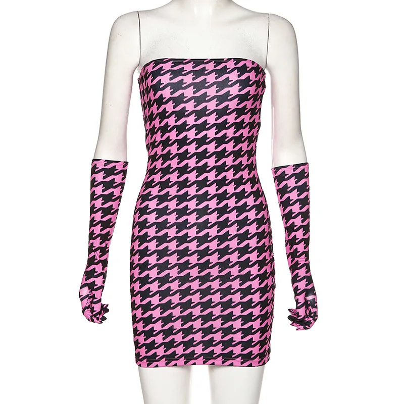 Pink and Black Color Contrast Houndstooth Pattern Dress with Gloves