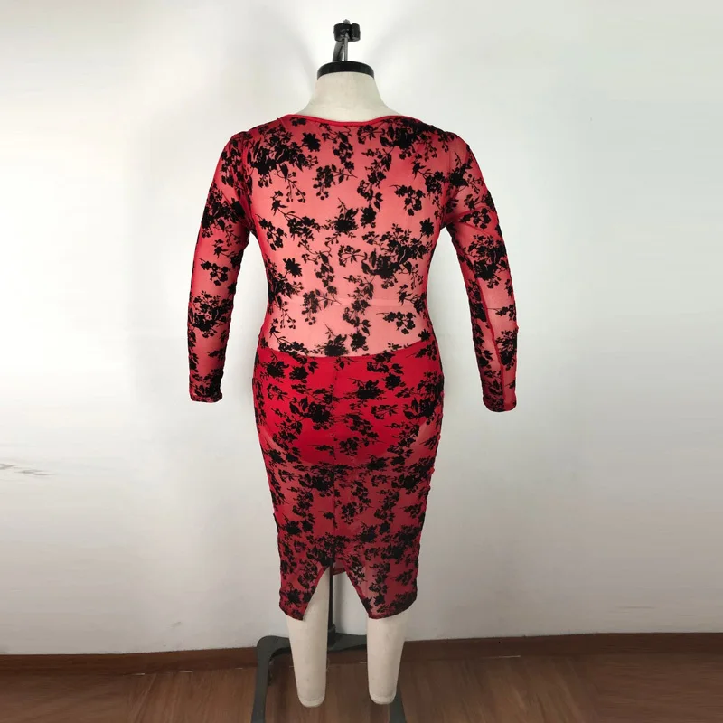 XL-5XL 6XL размера плюс осенне-зимнее платье с v-образным вырезом и длинным рукавом, Сетчатое Прозрачное платье миди с принтом, Сексуальная кружевная одежда для ночного клуба