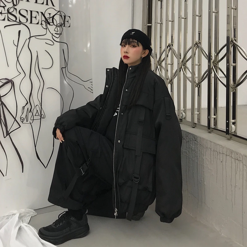 Осень Зима Готический свободный утолщенный Хлопок Одежда Пальто женское Harajuku повседневное черное с длинными рукавами модное пальто для влюбленных