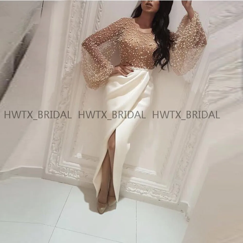 Вечернее платье из жемчуга Vestidos de fiesta de noche бежевое с длинным рукавом Белое Атласное с разрезом Русалка арабское длинное вечернее платье