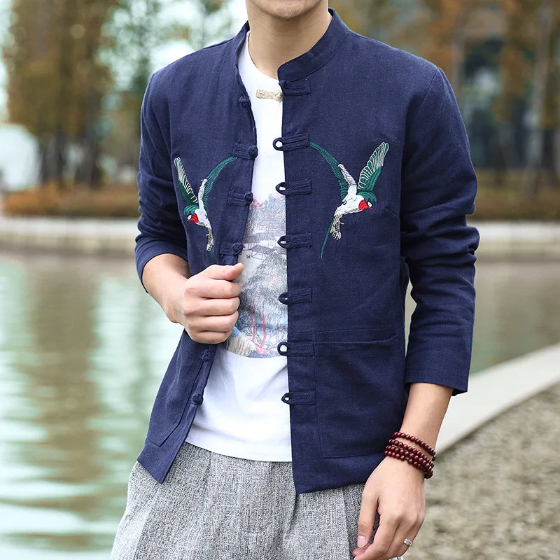 Осенний стиль, китайский стиль, мужская повседневная хлопковая льняная рубашка в виде лягушки, винтажная куртка со стоячим воротником, китайский модный костюм