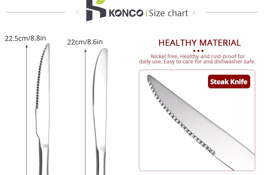 Description Picture 4 of itemKonco Stainless Steel Steak Knives Cutlery Western Style Table Dinnerware Set Serrated Blade Tableware Dinner Knife
