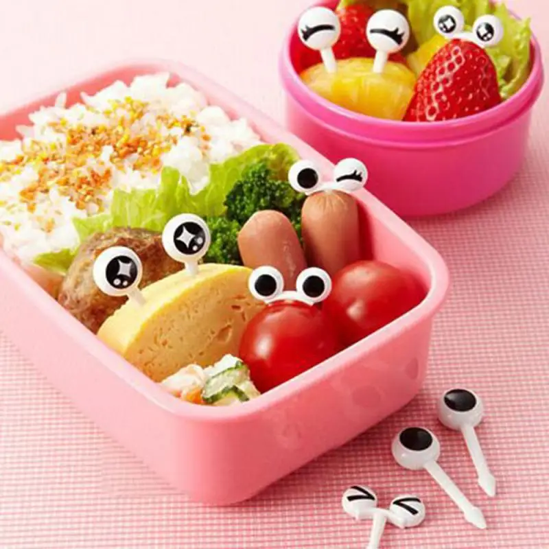 10 unids/pack lindo ojos Tenedor de fruta Frutas de plástico a los niños almuerzo Bento postre de pastel de merienda mondadientes de comida cocina decoración para la Mesa