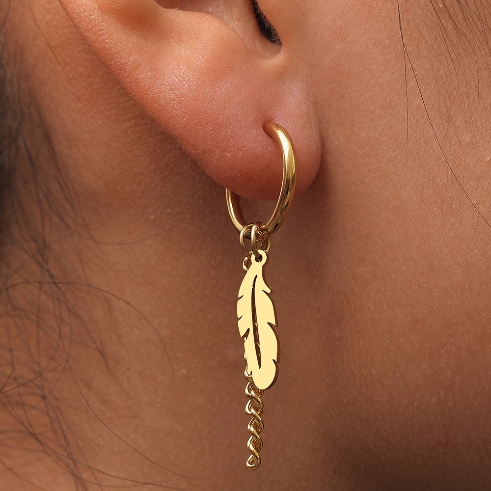 Stainless Steel Earrings Fashion Unisex Punk Gothic Feather Chain Hip Hop Pendant Earrings Women Jewelry Gifts