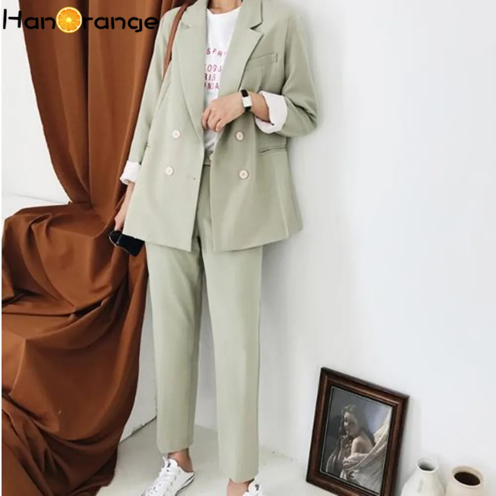 

Casual Pant Suits OL Spring Autumn 2019 Fashion Workwear Women Loose Long Blazer + Ankle-length Pants 2 Pieces Set