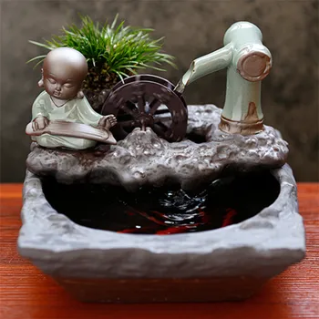 

Office Desktop Small Fish Tank Ceramic Water Fountain Little Monk Ornaments Water Wheel Feng Shui Waterscape Craft Home Decor