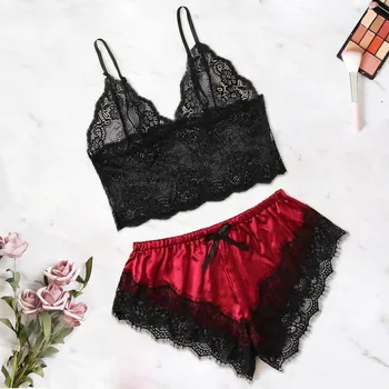 

Women Satin Lace Sleepwear V-neck Camisole Bowknot Shorts Set Sleepwear Pajamas Lingerie Crop Tops Shorts Pyjama Mujer Homewear