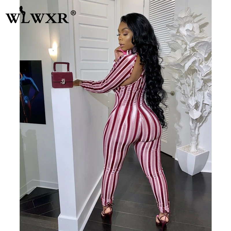 WLWXR в розовую полоску с низким вырезом на спине женские Bodycon длинный комбинезон Для женщин облегающие Клубные пикантные комбинезоны Для женщин s комбинезон женский комбинезон