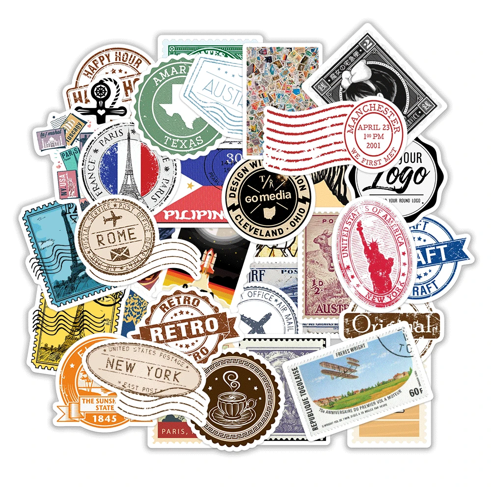 50Pcs Vinyl Vintage Stamp Stickers Toys Decals for Suitcase Laptop Luggage Water Bottle Phone Multiple Stamp Styles No Repeat