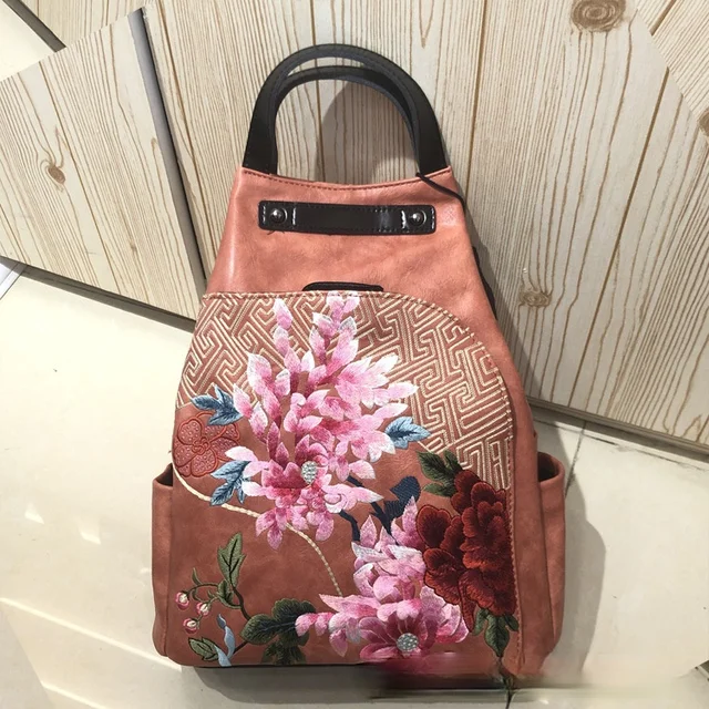 Bags Women Retro Chinese Style Embroidery Luxury women's Backpack PU Leather Personality All-match Casual Female Bag Orange