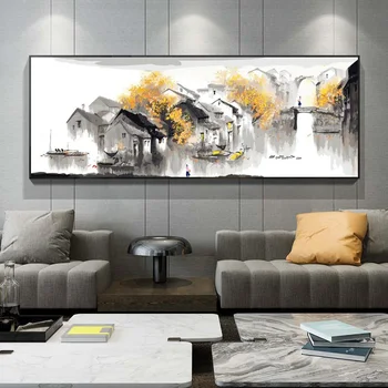 

Chinese Town Scenery Canvas Paintings Ink Painting Landscape Poster Print Wall Art Picture for Living Room Home Decor (No Frame)
