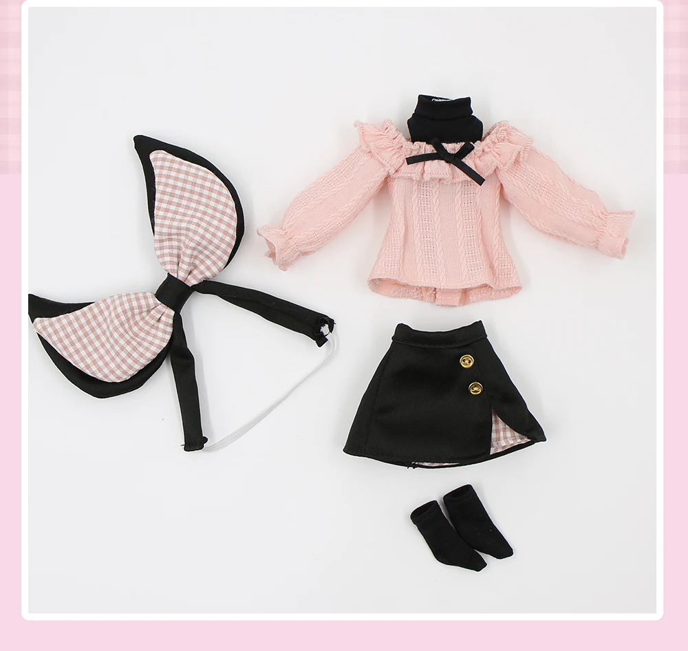 Neo Blythe Doll Pink Black Shirt with Skirt, Socks & Headdress 6