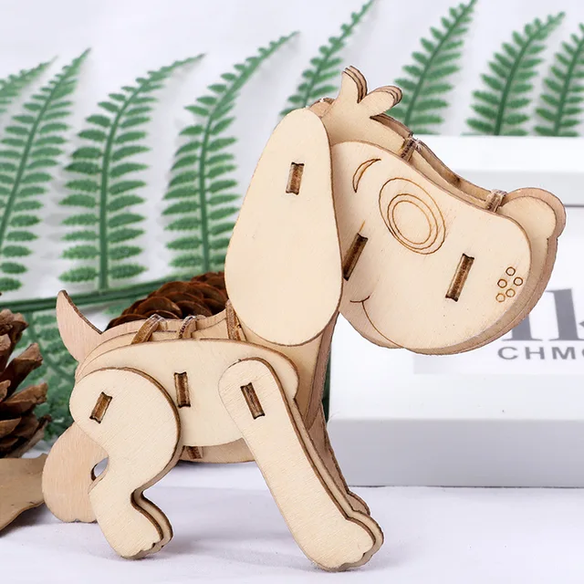 DIY 3D Animal Puzzle Creative Handmade Wooden Puzzles Toys for Children Adult Model Intellectual Education Deer Monkey Jigsaw Dog