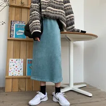 Осень-зима, свободная Теплая юбка, женские вельветовые юбки,, повседневные, эластичные, высокая талия, одноцветные, средней длины, женские прямые юбки