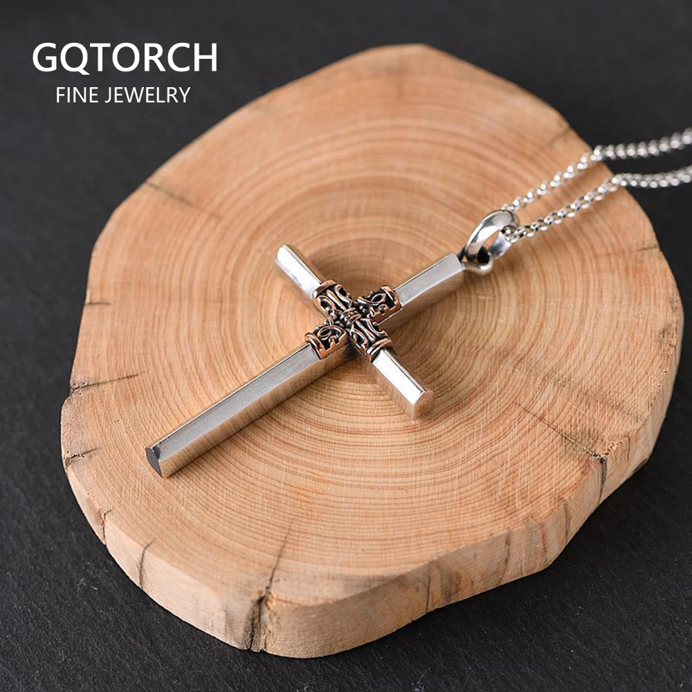 

Real Pure 925 Sterling Silver Silver Cross Pendant Men's With Antique Flowers Christian Jewelry Colgante