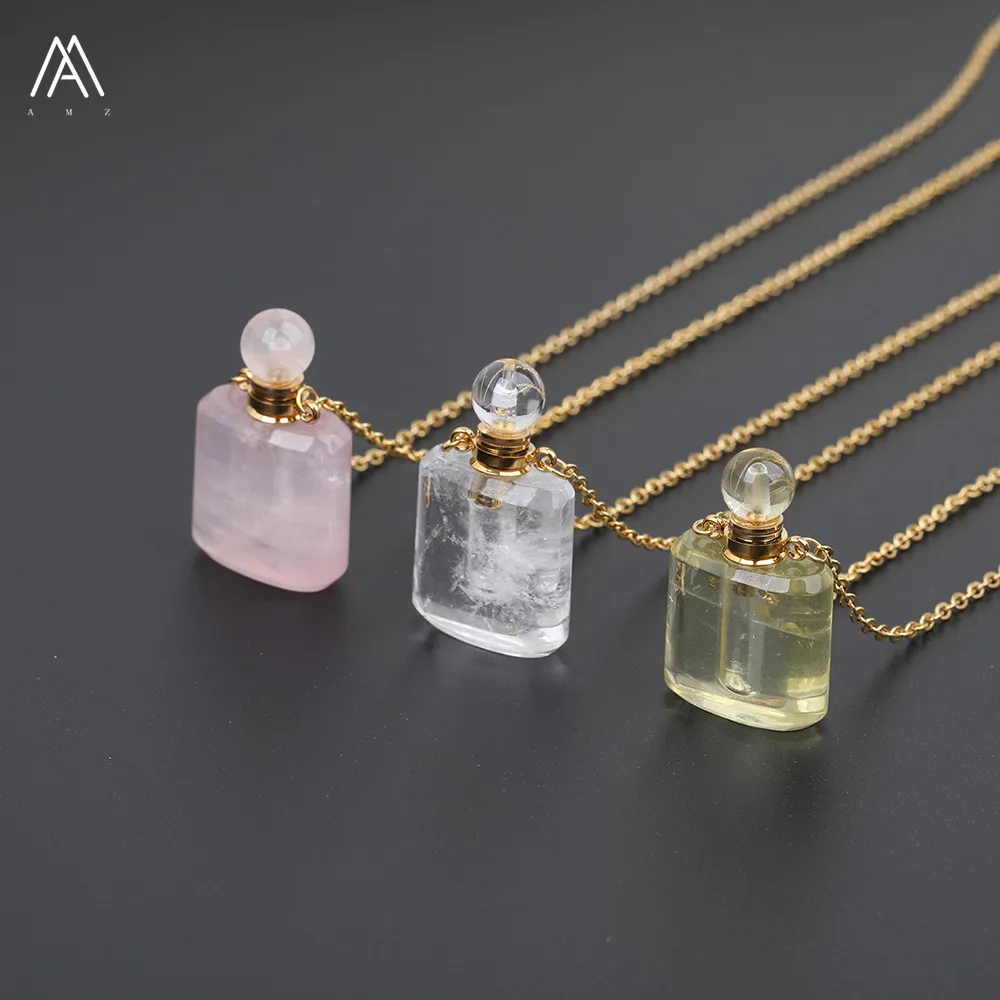 Natural Lemon Quartz Perfume Bottle Pendant Necklace Women Gold Color Crystal Jewelry Findings SA-11AMCB | Украшения и аксессуары
