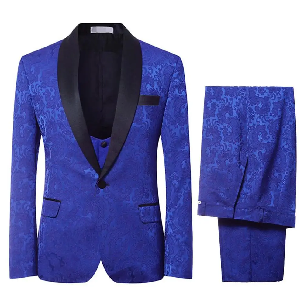 Blue Men Suits Casual Three Pieces Men's Suits Black Collar Jacquard One Button Suits for Prom Wedding Bride Groom