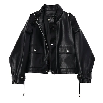 

Lautaro Short oversized leather jacket women long sleeve Plus size loose black zip up jacket Womens clothing 2020 women fashion