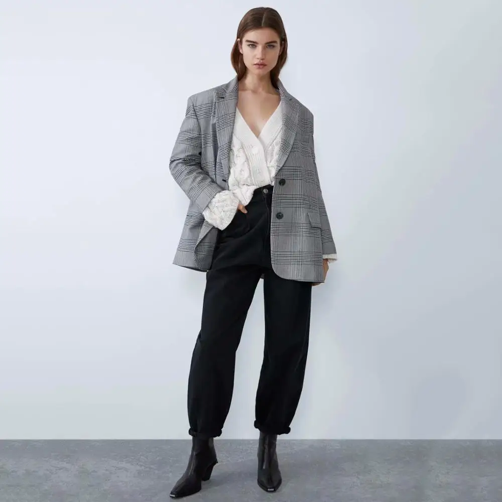 2019 ZA Winter Jacket Women Loose Plaid Blazer Coat Fashion Casual Long Sleeve Turn Down Collar Single Breasted Suit Jackets | Женская