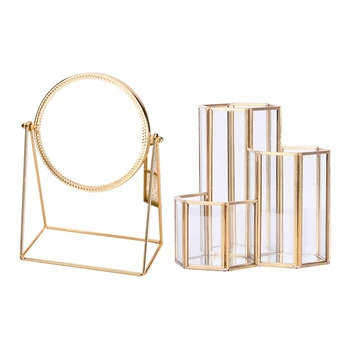 

2Pcs Lady Organizer: 1 Pcs Desktop Makeup Mirror Three-Dimensional Princess Mirror & 1 Pcs Hexagon Composite Pen Holder