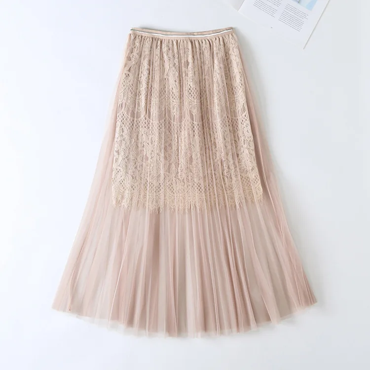 Apricot Merry Pretty сетчатые женские элегантные кружевные лоскутные плиссированные юбки осенние юбки до колен с высокой талией женские шикарные юбки - Цвет: Apricot