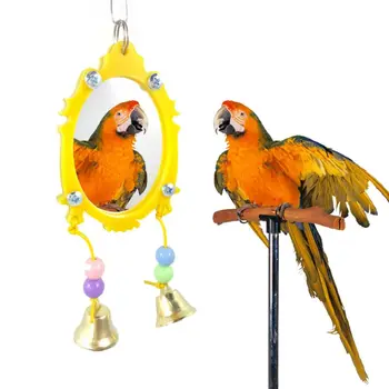 

Fancy Parrot Bird Mirror Toy with Double Movable Hanging Bells Plastic Edging Beads Colorful Pet Cage Decoration for Parakeets