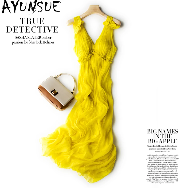 Boho Women Summer 100% Real Silk Dresses Elegant