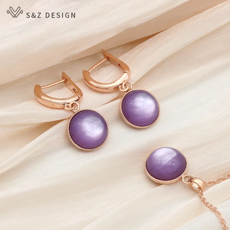 S&Z DESIGN New Fashion Round Dangle Earrings Jewelry Sets For Women Party 585 Rose Gold Color Pendant Necklace