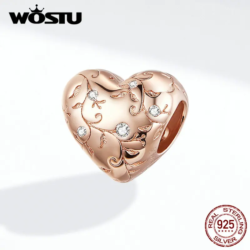 WOSTU серебро 925 пробы цветок Ретро Узоры Сердце Бусины Розовое Золото Шарм