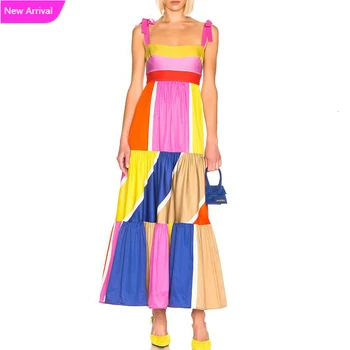 

Autumn Casual Patchwork Hit Color Sleeveless Women's Dresses Square Collar Spaghetti Strap High Waist 2020 Fashion Clothes