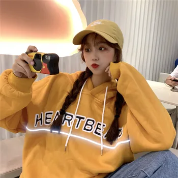 

Free Shipping Women Autumn and Winter Hoodie Ladies Loose Top Plus-size Wear with Cap Letter Printed Thin Reflective Stripe Wear