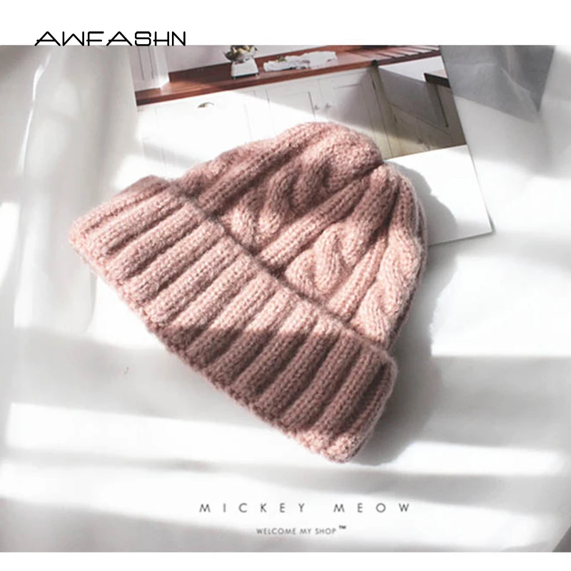 Зимняя Модная вязаная шапка, женская вязаная шапка, одноцветная Повседневная шапка, женские толстые теплые вязаные шапочки шерстяные мягкие облегающие Чепчик для девочки