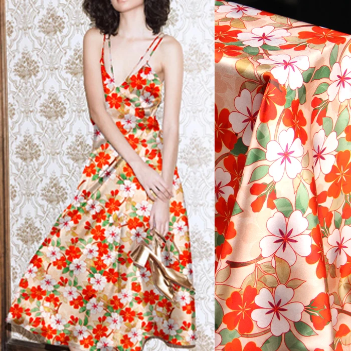 

118CM Wide 19MM 93% Silk & 7% Spandex Orange Floral Print Stretch Blue Silk Satin Fabric for Dress Cheongsam Shirt Jacket D1104