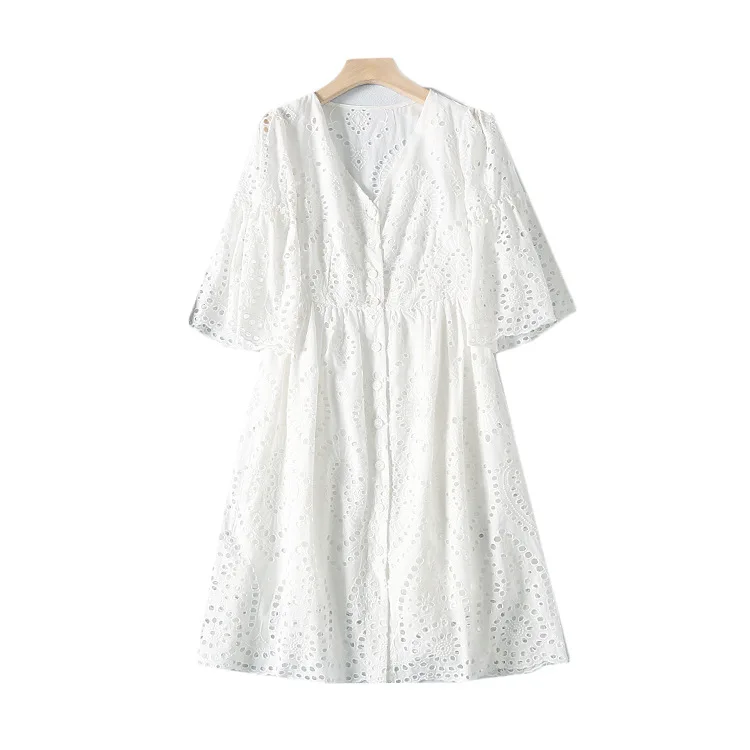 

One's Relief Hollow out Embroidered Crochet Bell Sleeve Waist Hugging Elegant Little Fairy Dress Entity