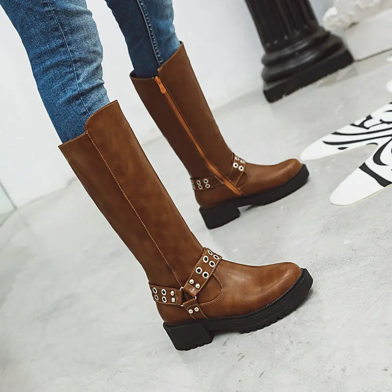New knee high boots woman thick med heels boots warm autumn winter bootie dress party western shoes size 34-43