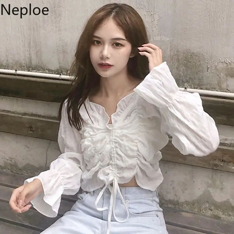 Женская блузка Neploe с оборками и длинным рукавом однотонная элегантная