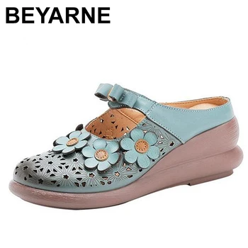

BEYARNE Spring Handmade Cow Leather Women's Wedge Shoes Ethnic Style Hollow Flower Woman Slippers Summer Breathable Sandal