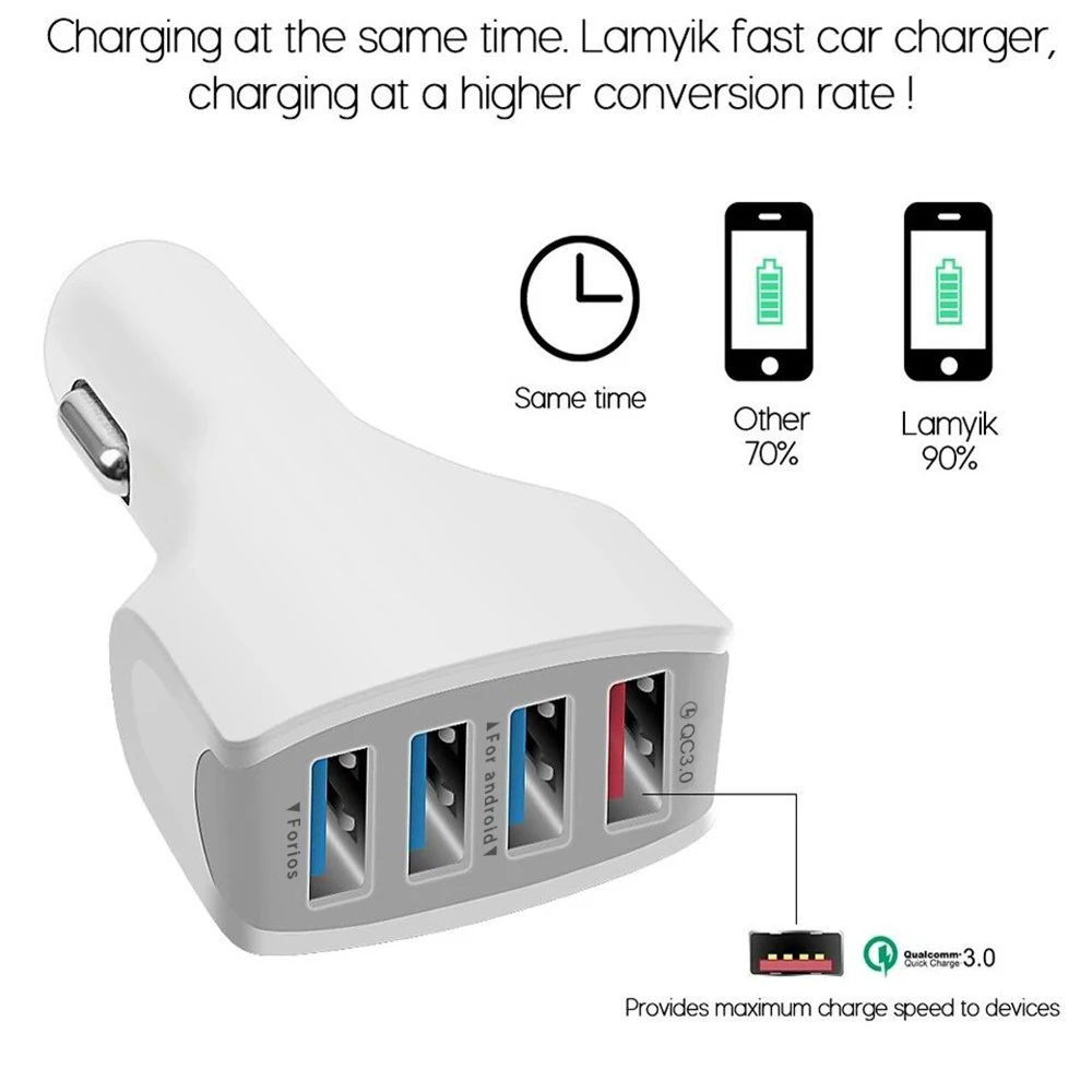 4 USB Автомобильное зарядное устройство подходит для iPhone 6 6s 7 8 plus планшет xiaomi samsung S8 телефон планшет gps 3.0A автомобильный адаптер зарядного устройства для телефона