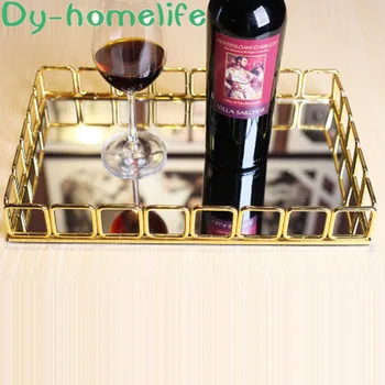 

European-style Metal Frame Rectangular Mirror Glass Tray Home Decoration Storage Supplies Jewelry Dessert Coffee Set Tray