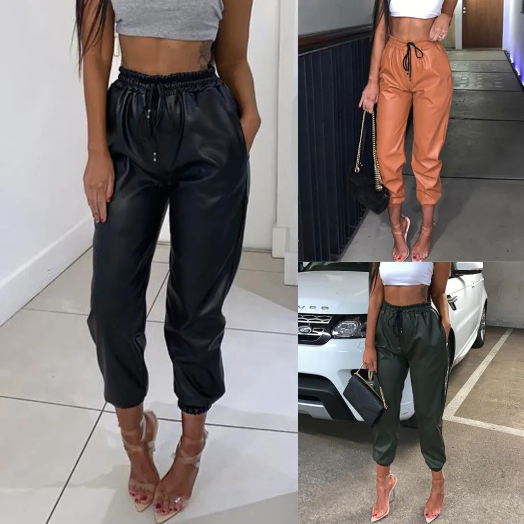 Women Pants PU Leather Harem Pants Casual High Waist Elastic Faux Leather Trousers For Female Pants Streetwear#Zer