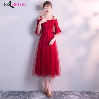 

Red Women Elegant Evening Dresses 2019 Tulle Lace Cocktail Party Gowns Christmas Formal Dress Half Sleeve Robe De Soiree ES2827