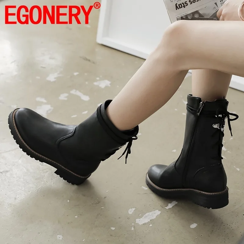 

EGONERY winter new concise mid calf boots outdoor comfortable round toe cross-tied mid heels plus size women shoes drop shipping