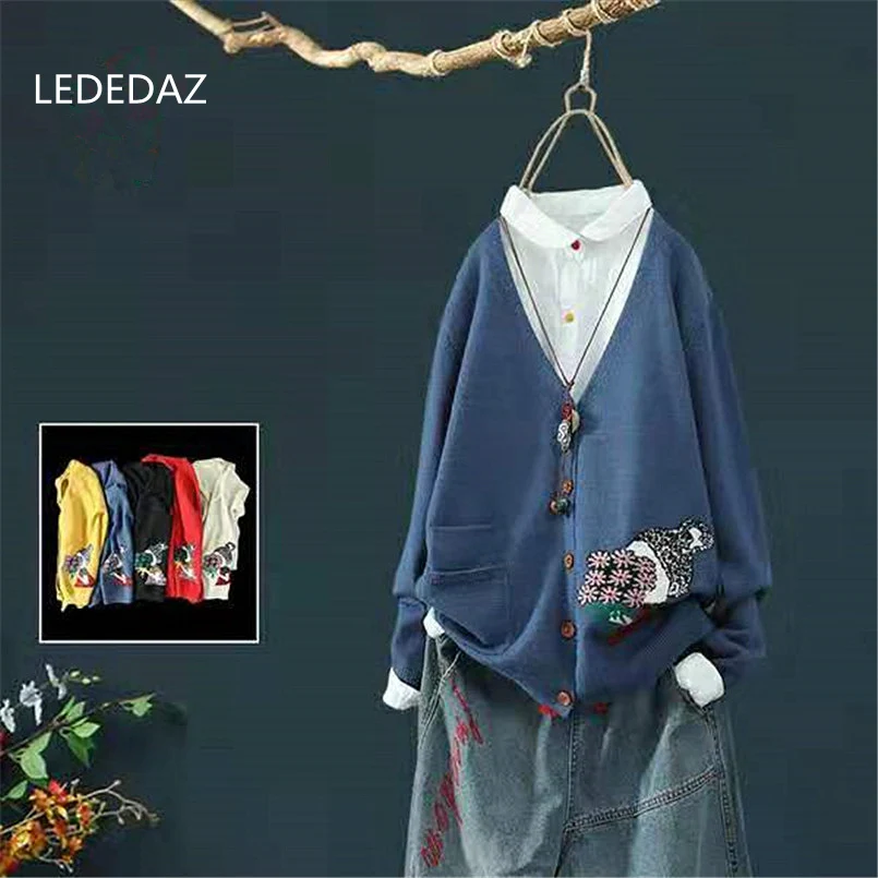 LEDEDAZ, модные женские свитера, Осень-зима, повседневный вязаный кардиган с v-образным вырезом, Свободное пальто, однобортное хлопковое пальто-свитер