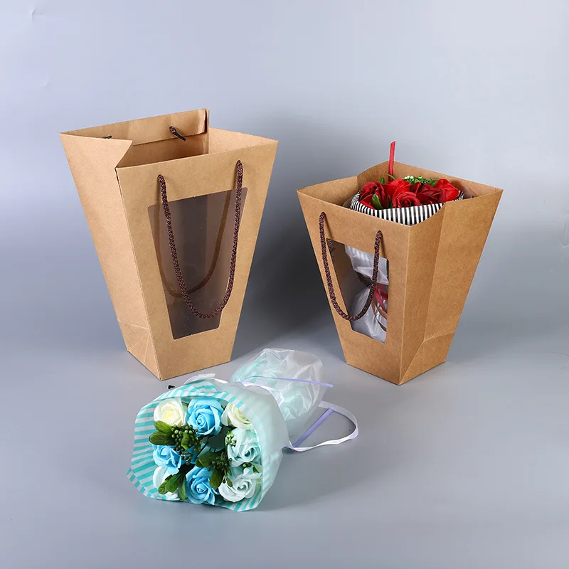 Kraft Paper Transparent Flower Box Waterproof Packaging Basket Folding Handbag |
