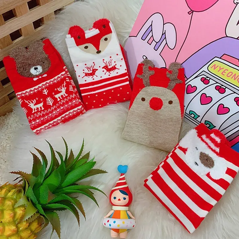 Рождественские носки с объемным рисунком Санта Клауса, женские хлопковые короткие зимние носки с лосем, милые Носки с рисунком оленя, снеговика, подарок на год